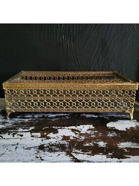 Vintage Hollywood Regency Filigree Footed Tissue Box Holder Rectangular
